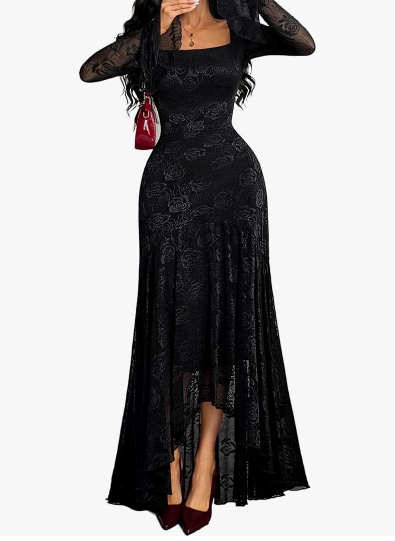 GothDark Womens Lace Maxi Dress Bodycon Square Neck Floral Sheer Ruffle Sleeves High Low Mermaid Elegant Evening Party Outfit, L