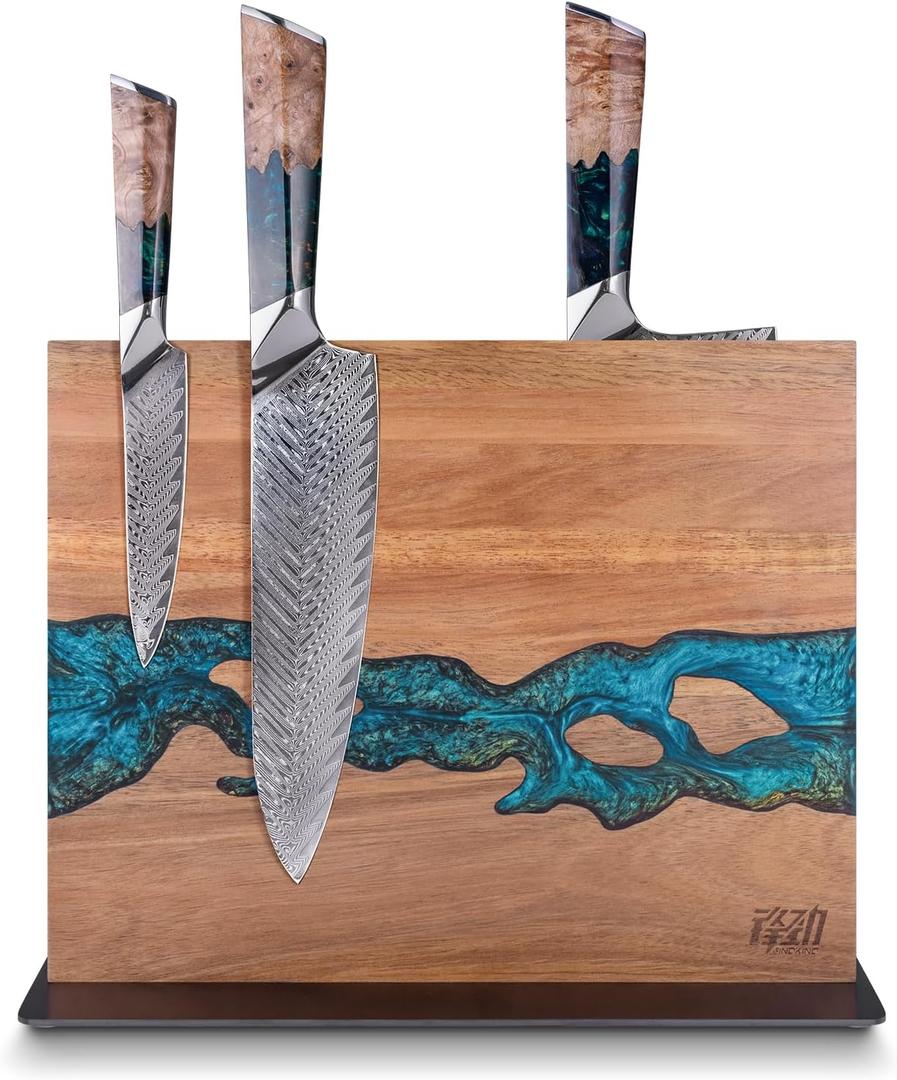 FINDKING Magnetic Knife Block, Double Sided Holder, Powerful Magnet Kitchen Storage, Acacia Wood and Blue Resin (12 x 10 Inches, Without Knives)