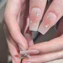 Nude Press on Nails Medium Square Fake Nails Sliver Star Design with Rhinestones Full Cover Stick on Nails Glossy Acrylic Coffin Gems False Nails for Women Manicure Decoration Glue on Nails 24PCs