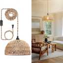 Rattan Hanging Lamp, Boho Pendant Lights, Plug in Cord Hanging Rattan Light, Plug Into Wall Outlet Pendant Light Fixture On/ Off Switch for Living, Dinner Room, Bedroom, Kitchen, for E26, without Bulb