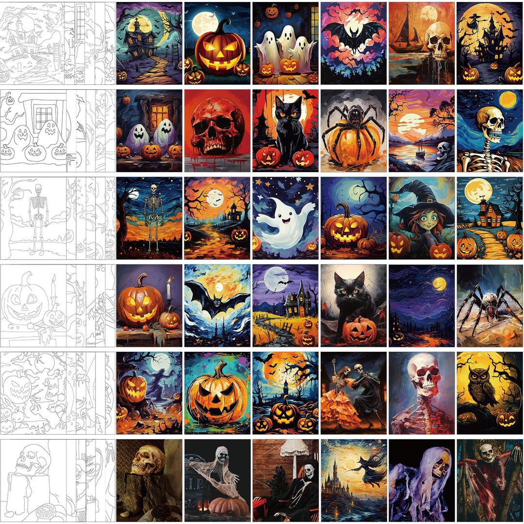 Skyygemm 36 Pcs 8 x 10 Inch Halloween Pre Drawn Canvas for Painting Pre Stretched Canvas Painting for Adults Pre Drawn Canvas Outline for Sip and Paint Party Supplies Favor