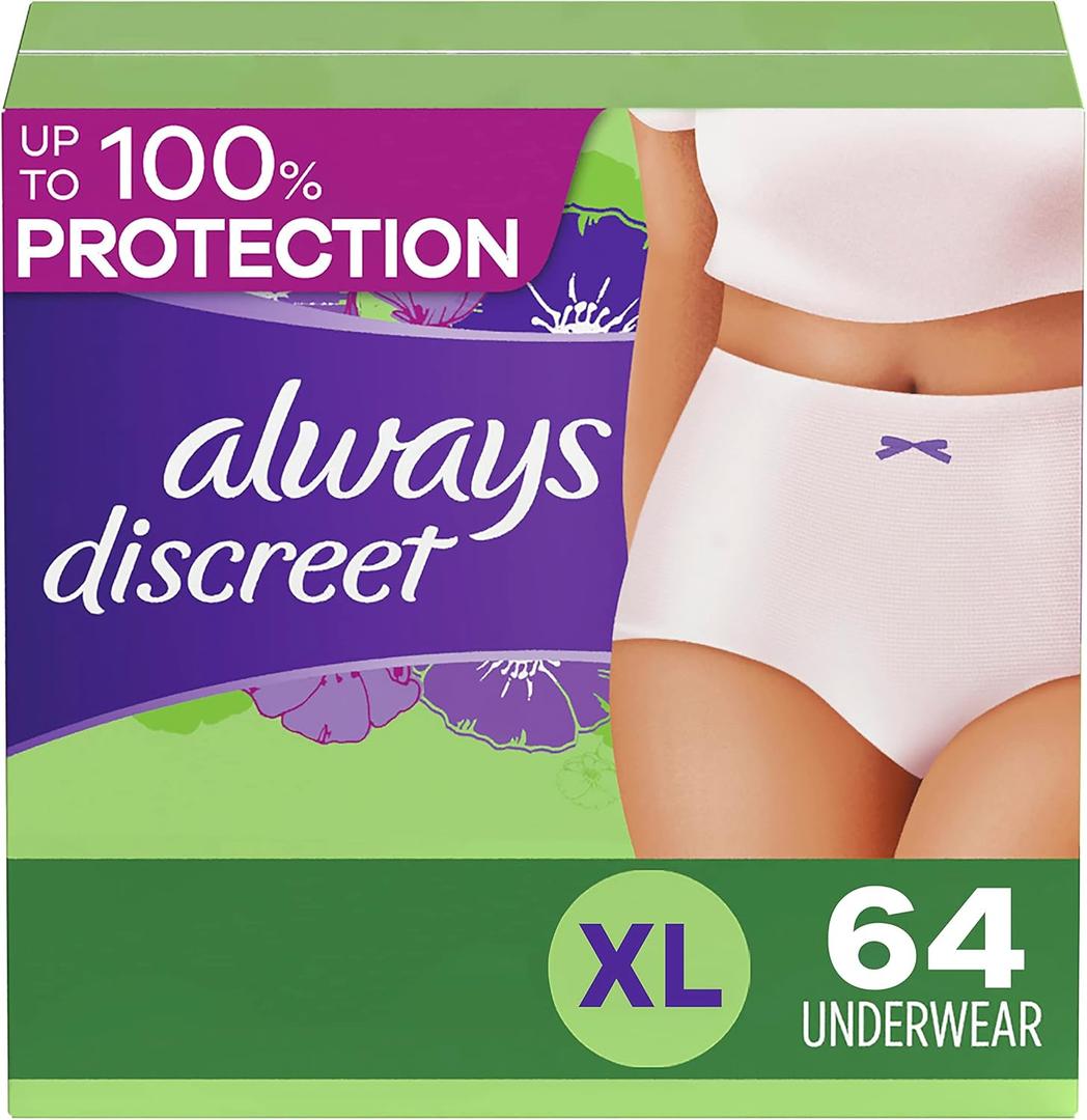 Always Discreet Adult Incontinence Underwear for Women and Postpartum Underwear, XL, Up to 100% Bladder Leak Protection, 64 Count (Packaging May Vary) (X-Large)