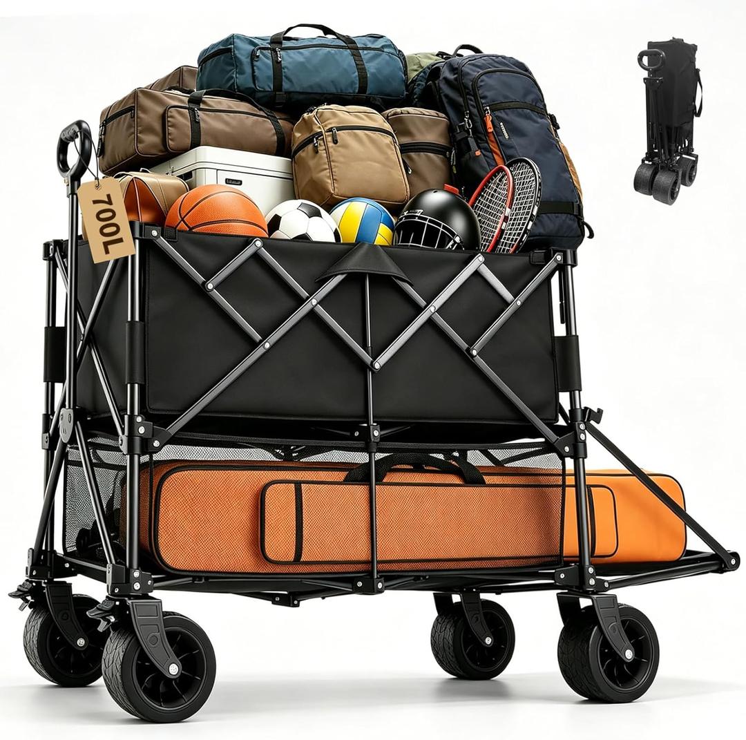 700L Large Capacity Double Decker Wagon Collapsible Wagon with Tailgate 55'' Extra Long, Foldable 600lbs Heavy Duty Beach Cart with All-Terrain Big Wheels,Utility Carts, Sports,Outdoor,Shoping Cart