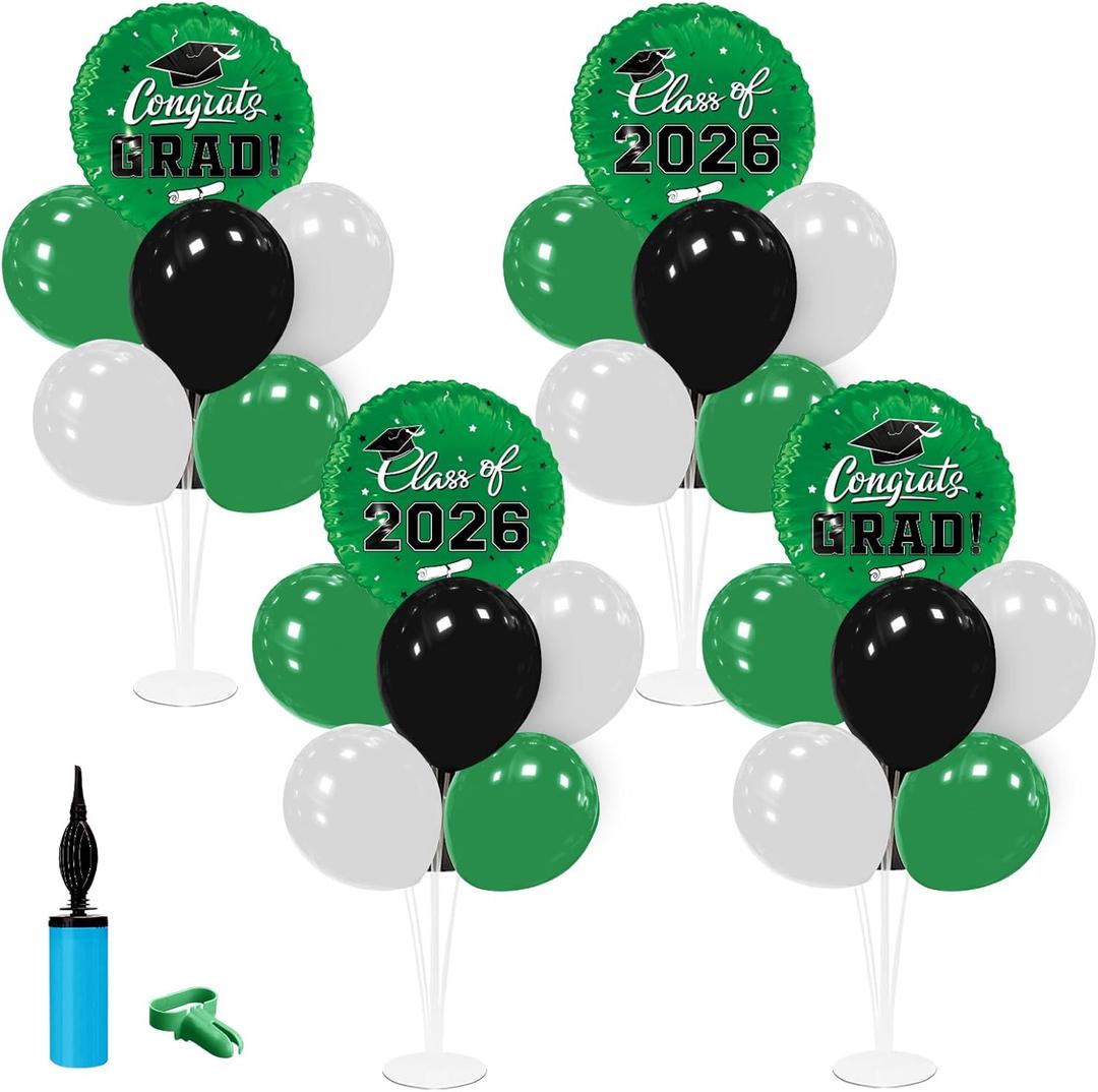 Graduation Decorations - 4 Set Balloon Stands, Class of 2026 Congrats Grad Table Centerpieces for Graduation Party Supplies(Green& Black)