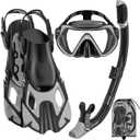 Snorkeling Gear for Adults, Mask Fin Snorkel Set, Dry Top Snorkel, Snorkeling Kit Travel Diving Package, Panoramic View Anti-Fog Anti-Leak Adjustable Swim Fins (Large-X-Large, Gray)