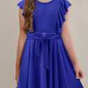 storeofbaby Girls Casual Ruffle Dress Elegant A-Line Flowy Dresses with Belt 5-14 Years (8-9 Years)