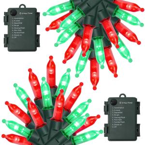 WATERGLIDE 2 Pack 50 LED Outdoor Christmas Lights, 16FT Battery Operated Mini String Lights with 8 Modes & Timer, Xmas Tree Lights Waterproof for Patio Garden Party Wedding Holiday Decor, Red & Green
