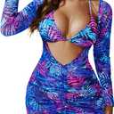 3 Piece Swimsuits Women Bikini Sets Triangle Halter Bathing Suit with Sexy Mesh Beach Cover Up (Large, Tropical Blue Leaves)