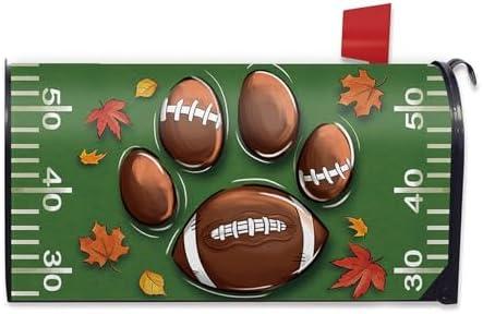 FBCOO Fall Football Cat Dog Paw Mailbox Cover Magnetic Standard Size 21" x 19", Green Autumn Sport Game Decorative Post Letter Box Wrap Decor, Rugby Maple Leaves Garden Yard Outdoor Decoration, Pack of 3