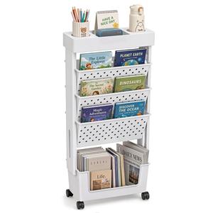 BYFU 5-Tier Movable Bookshelf Cart, Rolling File Paper Storage Organizer Mobile Bookcase with Wheels for Home Office Study Classroom, White, Size: 5-Tier 26.0"H, 5.7"D x 14.8"W x 26"H