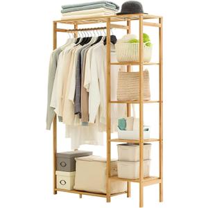 Jotsport Bamboo Clothing Rack with 6 Tier Storage Shelf Multifunctional Garment Organizer Wardrobe Closet for Guest Room Kids Baby Bedroom Entryway