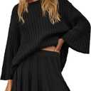 SENSERISE Womens Sweater Skirt Set 2 Piece Outfits Oversized Long Sleeve Pullover Top Ribbed Knit Lounge Dresses (Medium, Black)