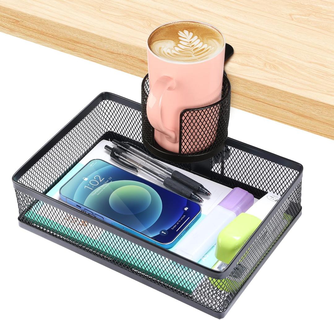 ROSYLINE 360rotation under desk drawer, Drawer Under Desk Storage Organizer, Rotary Desk Storage Organizer with Cup Holder, Clamp Drawer Basket, sturdy and durable (black)