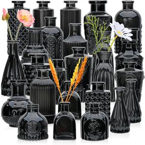 Brajttt Bud Vase Set of 25: Black Glass Vases - Small, Cute Vintage Set for Flower, Wedding, Home Decorations