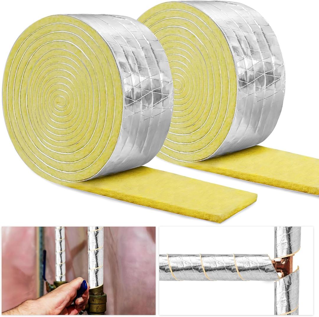 2 Pack 32.8 Foot Foiled Back Fiberglass Pipe Insulation Wrap - Ceramic Water Pipe Insulation for Outdoor & Indoor Use, Freezing Weather