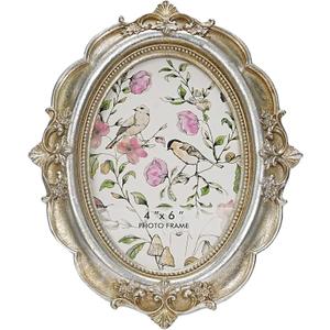 Vintage Picture Frame, 4x6 Oval Antique Photo Frame with Real Glass Front, Luxury Table Wall Haning Photo Display Home Decor, Gift Ideas, Silver Flower