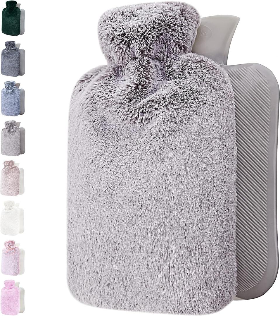 Qomfor Hot Water Bottle with Soft Cover - 1.8L Large - Classic Hot Water Bag for Pain Relief, Neck and Shoulders, Feet Warmer, Menstrual Cramps, Hot and Cold Therapy - Great Gift - Light Grey