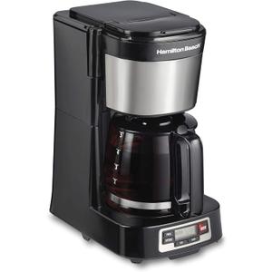Hamilton Beach 5 Cup Drip Coffee Maker with Easy FrontFill Basket, Compact Design, Programmable Clock, Glass Carafe, Auto Pause and Pour, Black & Stainless Steel (46111)