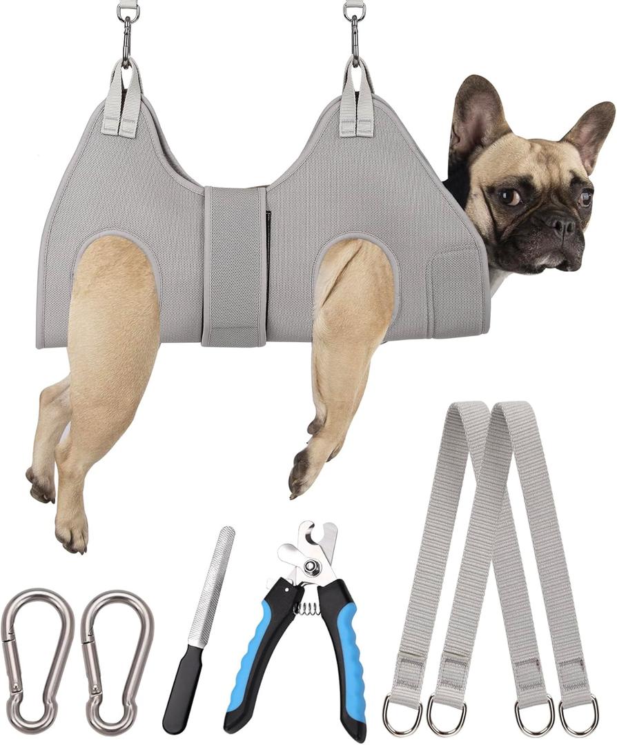 Dog Grooming Hammock, M Dog Hammock for Nail Trim,Silver Gray Dog Grooming Harness Holder Dog Hanger for Nail Trimming with Thick Neck Support (M (45 LB Max) Silver Grey 8-15in)