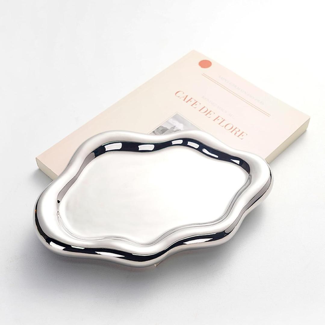 Ceramic Jewelry Tray with Cloud Design - Decorative Catch All Dish for Rings, Keys, and Perfume | Versatile Organizer for Dresser, Nightstand, or Entryway Table - Aesthetic Room Decor (Silver)