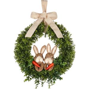 22" Spring Easter Wreath for Front Door - Easter Bunny Wreath - Artificial Green Boxwood Wreath with Burlap Bow & Sisal Bunnies - Spring Easter Holiday Decor for Home Door, Porch, Wall, Window