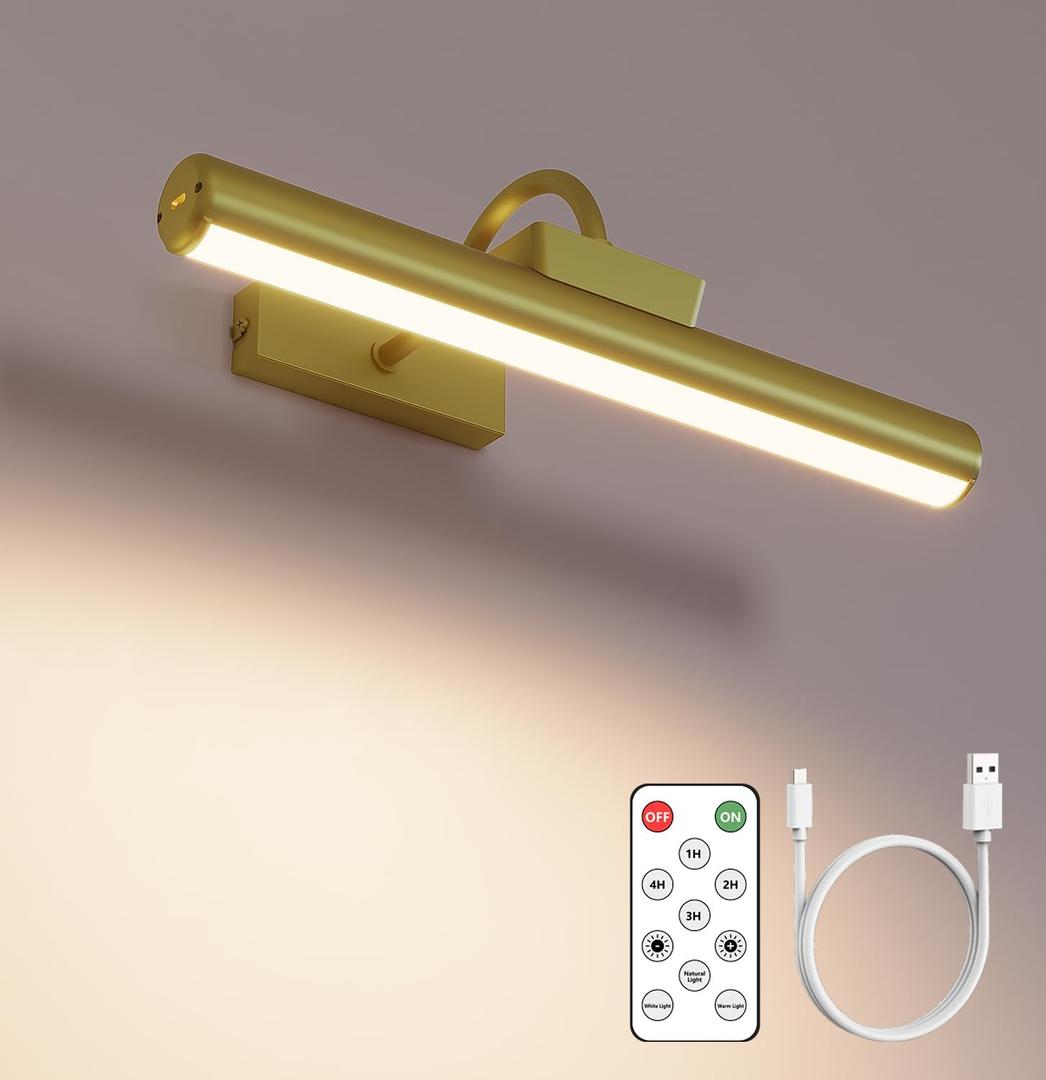 Picture Light Battery Operated, 13in Wireless Art Light for Paintings, Dimmable 5000mAh Recharging Battery Picture Light with Remote Control for Wall, Gallery Dartboard Art Bedroom (Gold-1Pack)