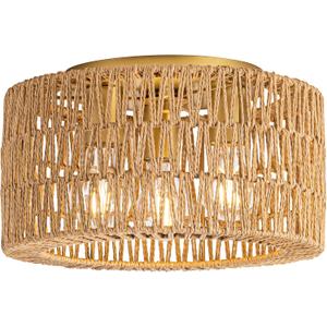 Rattan Ceiling Light Fixture, 3 Light Bohemian Modern Woven Ceiling Light, Boho Flush Mount Ceiling Light for Bedroom Living Room Dining Room, Bulb NOT Included (Gold)