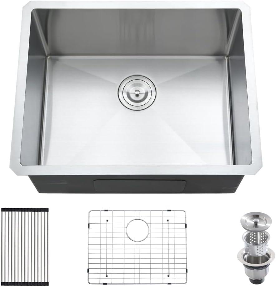 24 Inch Undermount Laundry Sink- HLBLFY 24x18x12 Inch Stainless Steel Laundry Room Sink Utility Outdoor 16 Gauge Single Bowl Deep Kitchen Sink with Accessories