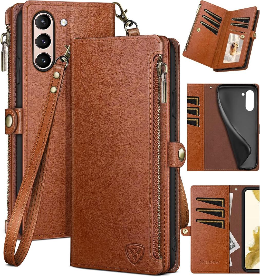 XcaseBar for Samsung Galaxy S21 Wallet case with Zipper Credit Card HolderRFID Blocking, Flip Folio Book PU Leather Phone case Shockproof Cover Women Men for Samsung S21 case Light Brown