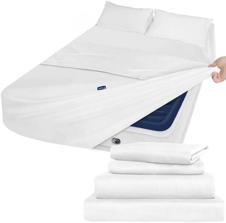 Queen Sheet Set Deep Pocket - 4 Piece Extra Soft Queen Bed Sheets - Side Storage Pocket Fitted Sheet & Pillowcase & Flat Sheet - Easily Fits 16in to 24in Pillow Top Air Bed Mattress 