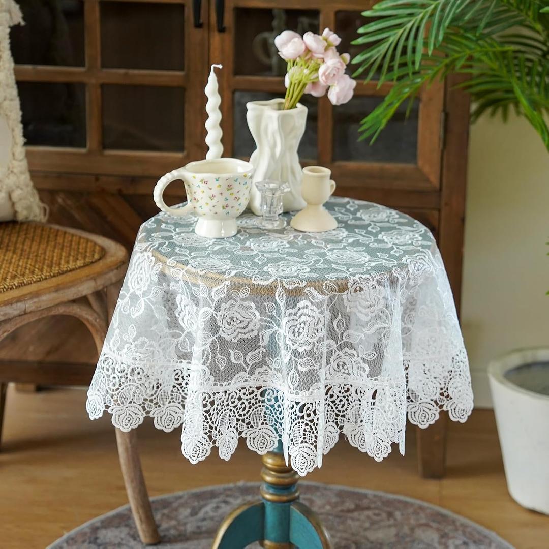 SUTAVIA Lace Fabric Tablecloth Embroidered Rectangular Oblong Round Square Table Cover Classic Dustproof Kitchen Dining Picnic Table and Wedding Banquet Home Decoration (Offwhite, 33 inch Round)