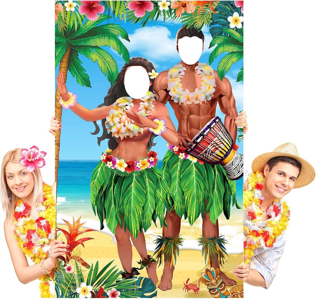 6 x 4 ft Hawaiian Photo Props Banner Tropical Luau Tiki Couple Door Banner Aloha Party Decorations Fabric Luau Photo Booth Background Aloha Tiki Backdrop for Beach Party
