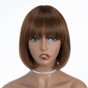 DBUT Short Bob Straight Wigs with Bangs Ombre Brown Brazilian Virgin Human Hair Glue less Non Lace Front Bob Wigs 8 Inches (Highlight Dark Brown Mixed Auburn Brown)