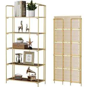Crofy No Assembly Folding Bookshelf for Living Room, 5 Tier Gold Collapsible Book Shelf for Home Office, Portable Bookcase Storage Organizer