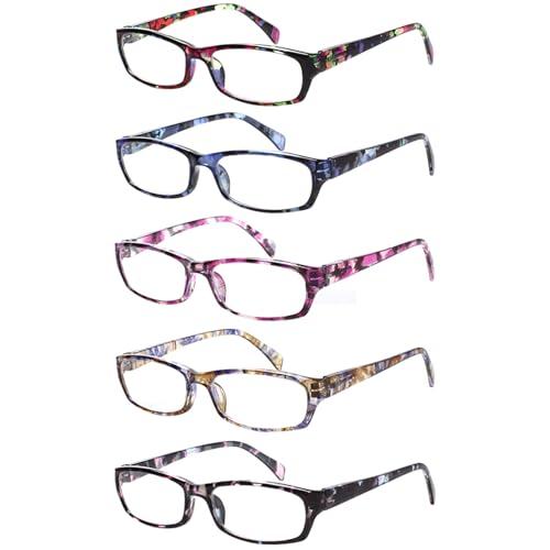 Kerecsen Reading Glasses 5 Pairs Fashion Ladies Readers Spring Hinge with Pattern Print Eyeglasses for Women 1.25