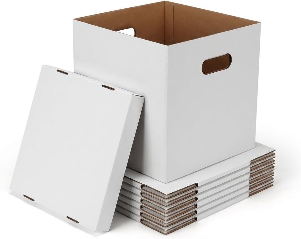 CRUGLA Vinyl Record Storage Boxes with Lids 7 Pack, 13 Inch Cube, Collapsible Corrugated Cardboard, Quick Fold Assembly with Pre-Applied Adhesive, Side Cut-Out Handles, Home Office Organizer, White