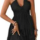 SOLY HUX Women's Summer Mini Dress Halter Backless Sleeveless A Line Ruffle Hem Flowy Cami Dresses Sundress (Black, M)