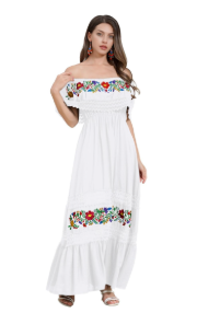 Mexican Dress for Women Floral Embroidery Maxi Off-Shoulder Ruffle Sleeveless Traditional Fiesta Dresses, XL