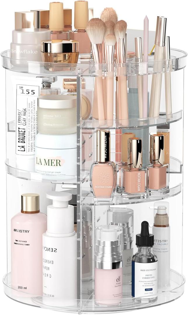 Rotating Makeup Organizer, DIY 8 Adjustable Layers Spinning Skincare Organizer, Cosmetic Display Case with Brush Holder Perfume Tray, Multi-Function Storage Carousel for Vanity Bathroom Countertop (Clear)