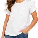 Girls Flutter Sleeve Tops Short Sleeve Summer T Shirts with Ruffle Trim Pocket White Blouse White 11-12 Years (White)