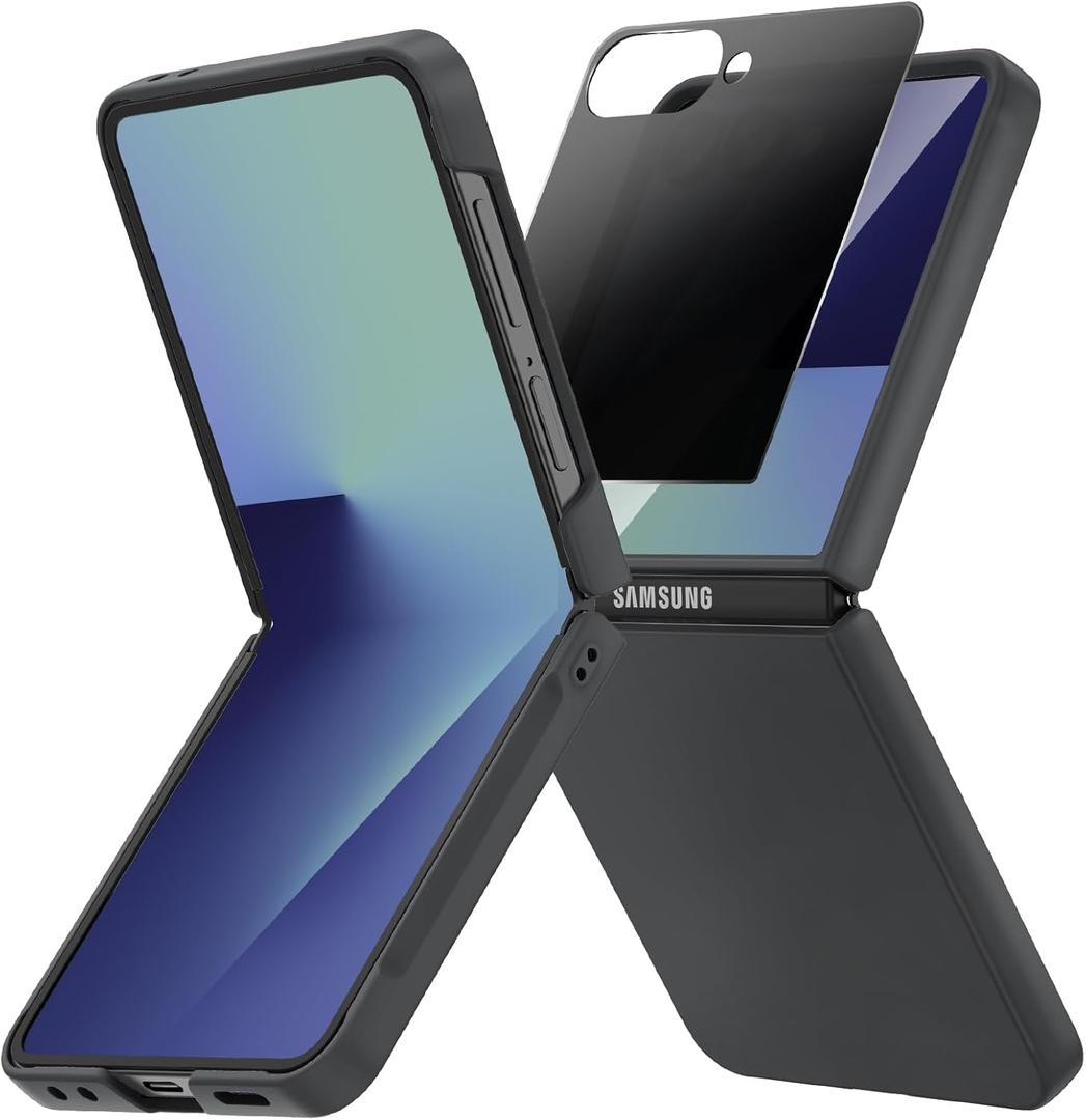 Ruky for Z Flip 7 Case with Privacy Screen Protector, Full Body Cover Anti-Scratches Shockproof Hard PC Ultra-Thin, Support Wireless Charging Protective Phone Cover for Samsung Galaxy Z Flip 7, Black