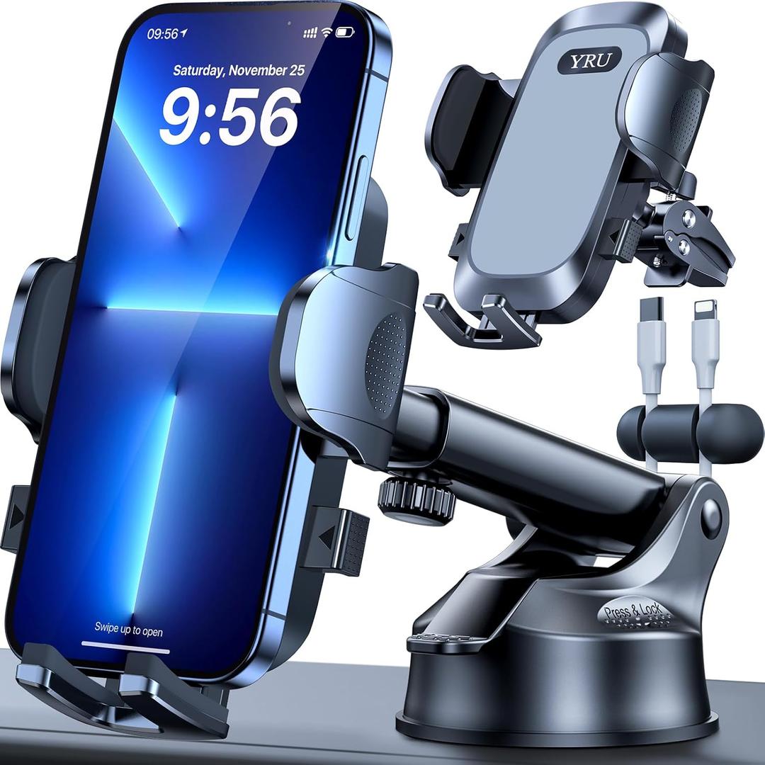 YRU Car Phone Holder Mount [Patent & Military-Grade] Dashboard Cell Phone Holder for Car Vent Windshield Phone Stand for iPhone 17 16 15 14 13 Pro Max Truck Samsung (Grey)