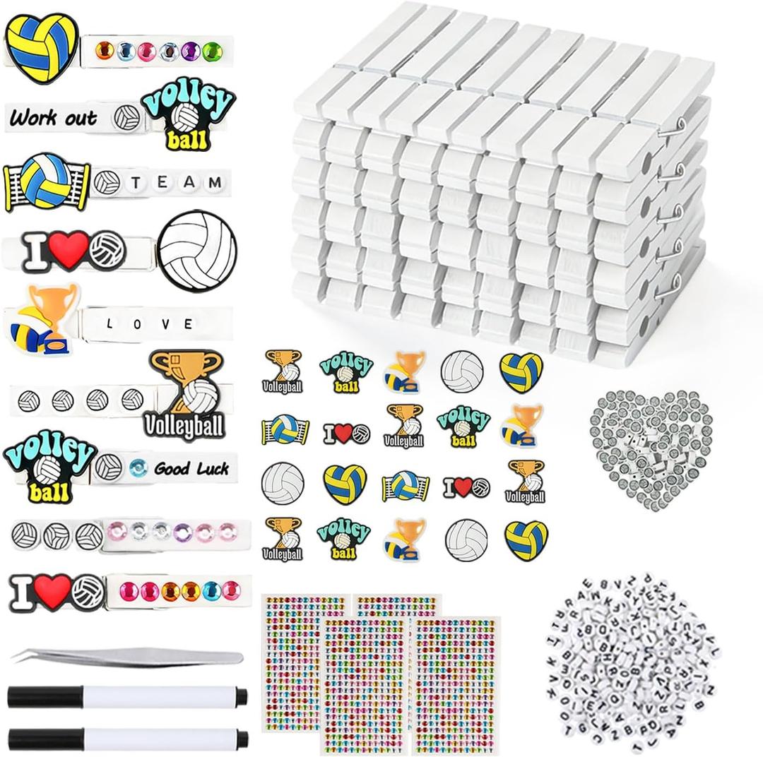 FZHZZ 100 Set Volleyball Cheer Pins Spirit Clips, Wooden Volleyball Clips Kit Includes Clothes Pins, Mini Volleyball Patch Beads, Stickers for DIY Cheer Bulk Team Gifts, Backpacks Decorations