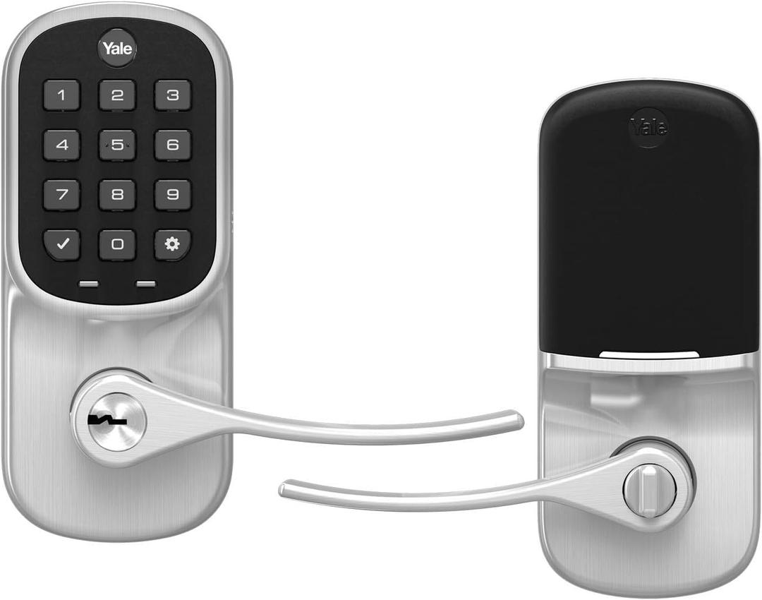 Yale Satin Nickel Assure Lock Entry Door Handle with Wi-Fi Connected Keypad, Smart Door Lock with Handle and Back-Up Key for Single Hole Entry Door, YRL216-WF1-619