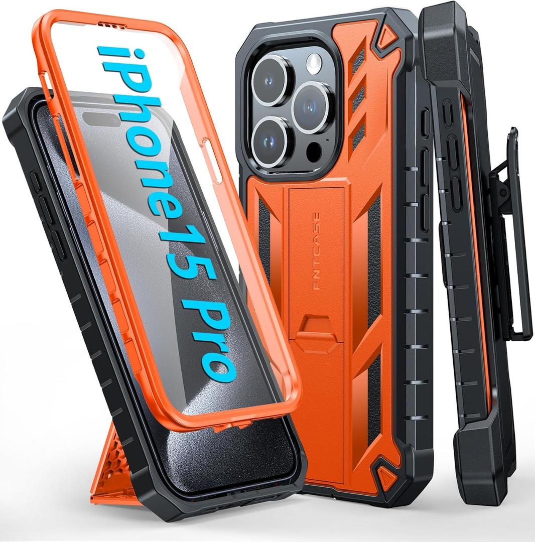 FNTCASE for iPhone 15 Pro Case: with Belt-Clip Holster & Built-in Screen Protector & Kickstand, Full-Body Dual Layer Heavy Duty Rugged Military Shockproof Protective Cell Phone Cover 6.1 inch-Orange