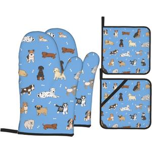 Perinsto Cute Dogs Animals Blue Oven Mitts & Pot Holders 4 Pcs Set, Decorative Heat Resistant Cooking Gloves Microwave Oven Gloves for Kitchen Baking Grilling BBQ