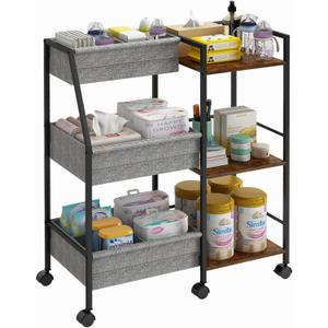Baby Diaper Caddy Organizer Cart, 3-Tier Rolling Wheels Cart with Dividers and Shelves, Bedside Utility Cart for Nursery Essentials, Large Capacity Mobile Storage Cart for Crib, Bedroom (Grey)
