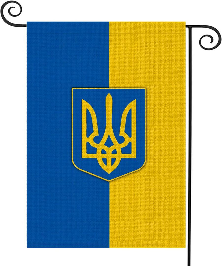 2 x WENWELL Ukraine Garden Flag Double Sided,Burlap Ukrainian Trident Flags 12 x 18 inch,Support Ukranian House flag Small,Ukrain Banner Weather Proof Outdoor Decor for Yard,Lawn,Farmhouse (bule yellow)