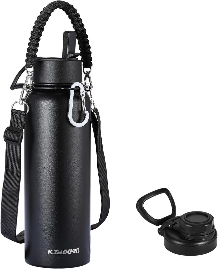 KXIAOCHEN Insulated Water Bottle, Stainless Steel Water Bottle, 2 Lids (Straw and Handle Lid),Wide Mouth Metal Water Bottles Keep Hot and Cold, Double Walled, Thermo Mug, Metal Canteen