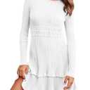 Wenrine Womens Long Sleeve Sweater Dress Casual Ribbed Knit Crewneck A Line Slim Fit Tiered Fall Mini Dresses White